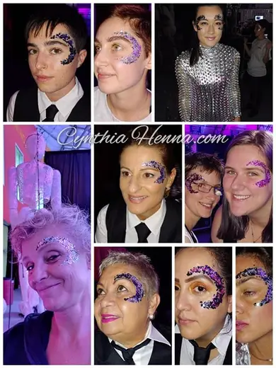 Collage of guests wearing purple and silver glitter glam eye designs at an event