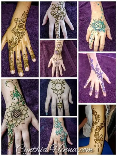 Collage of nine henna designs on hands, in shades from deep red to green