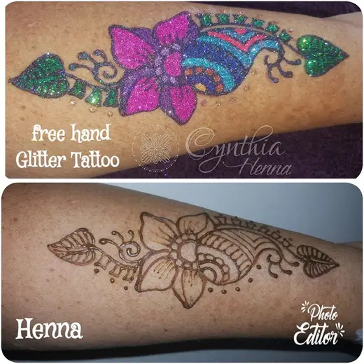 Two-panel comparison: a freehand glitter tattoo above, a henna design below